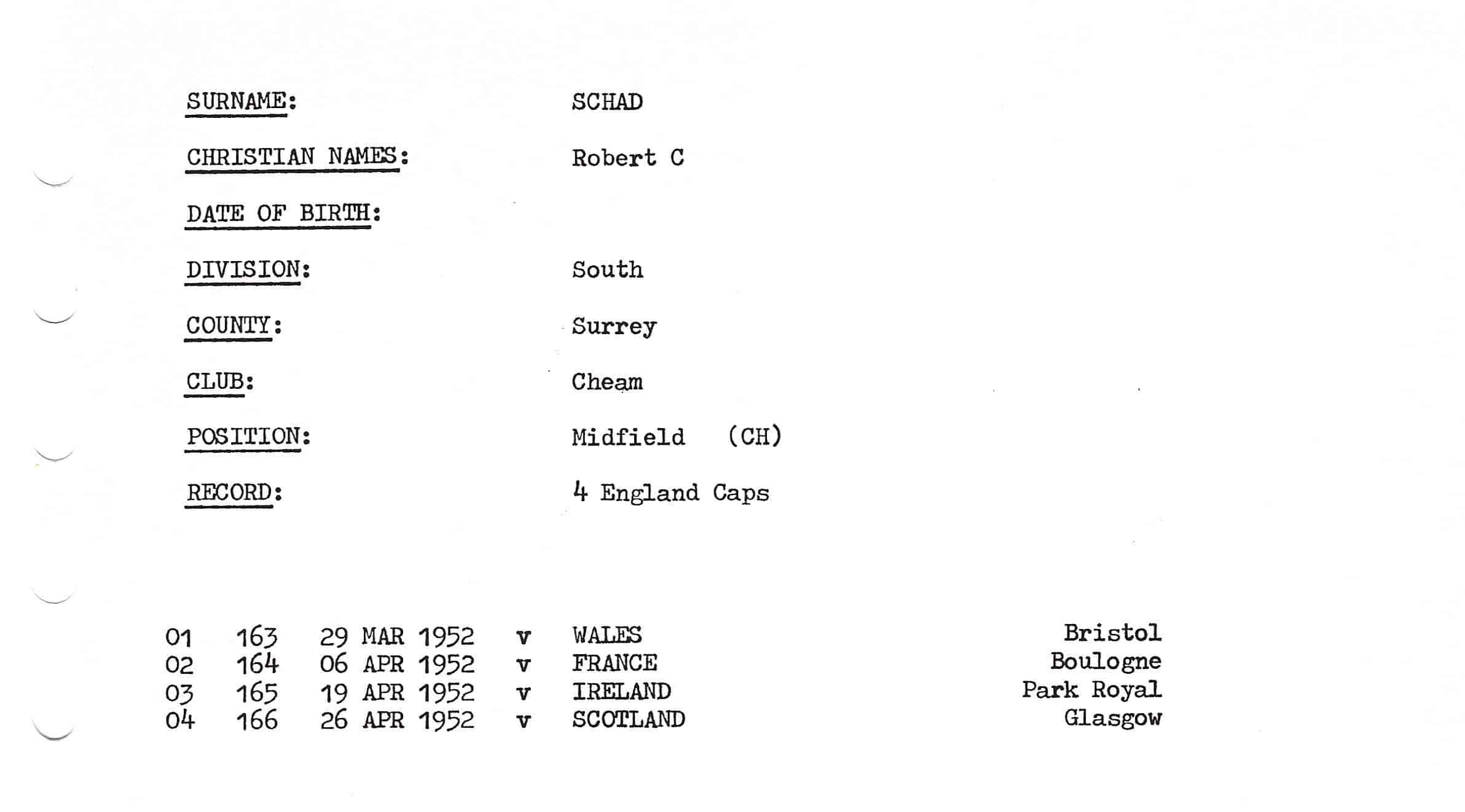 Bob Schad England record