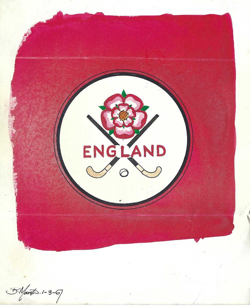 An illustration: a white circle with crossed hockey sticks and a rose above and between them.