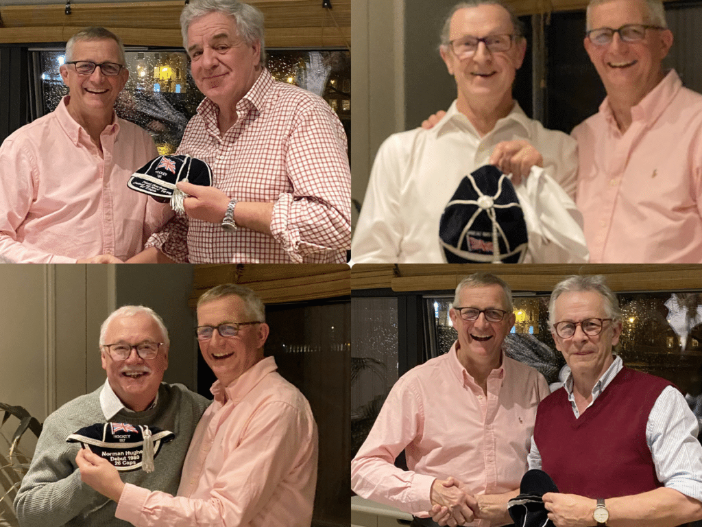 A four-image collage showing four men receiving England Hockey Caps. From top left, moving clockwise, the individuals receiving the caps are Paul Barber, Sean Kerly, David Wescott, and Norman Hughes.