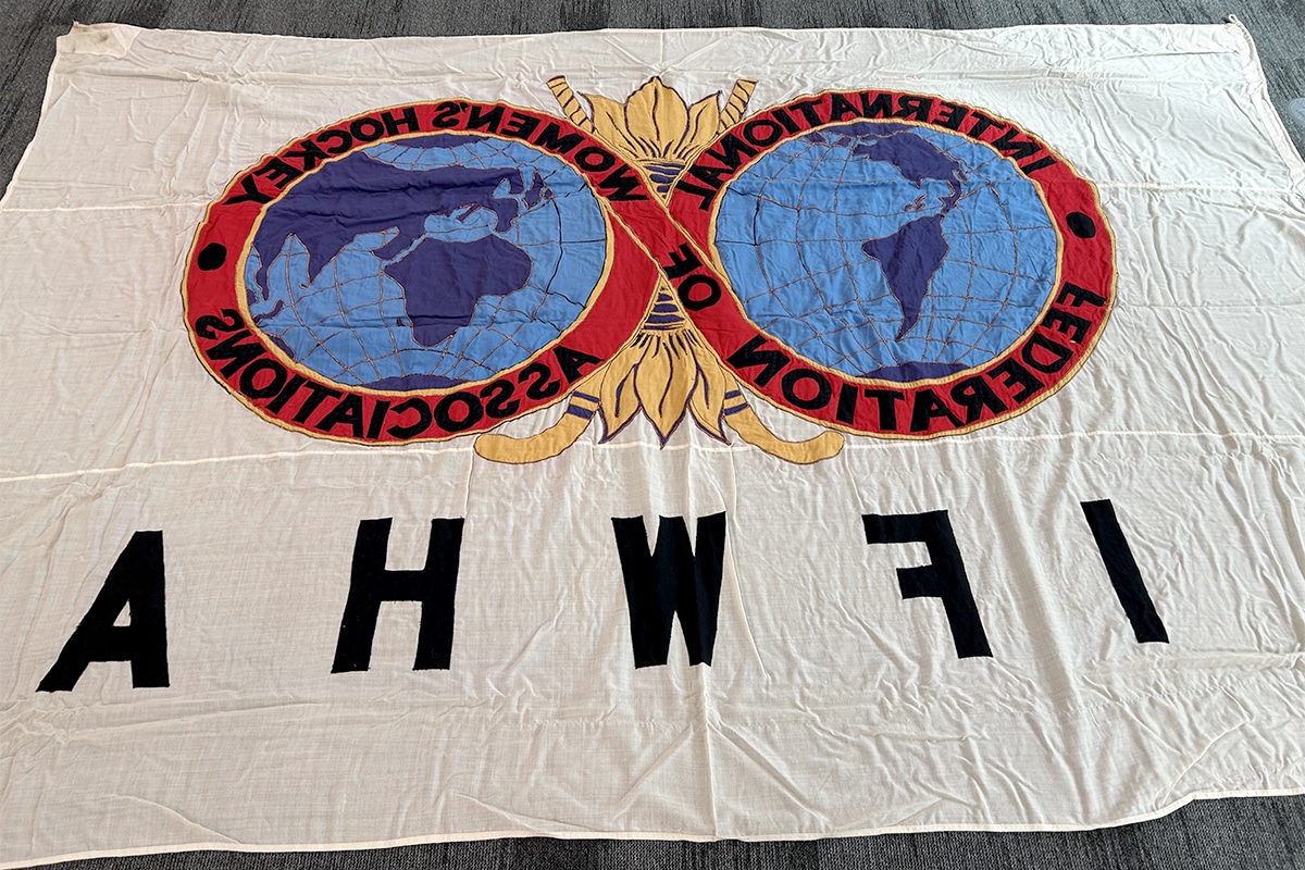 The reverse of the IFWHA flag showing the unexpected mirroring of the applique and stitching.