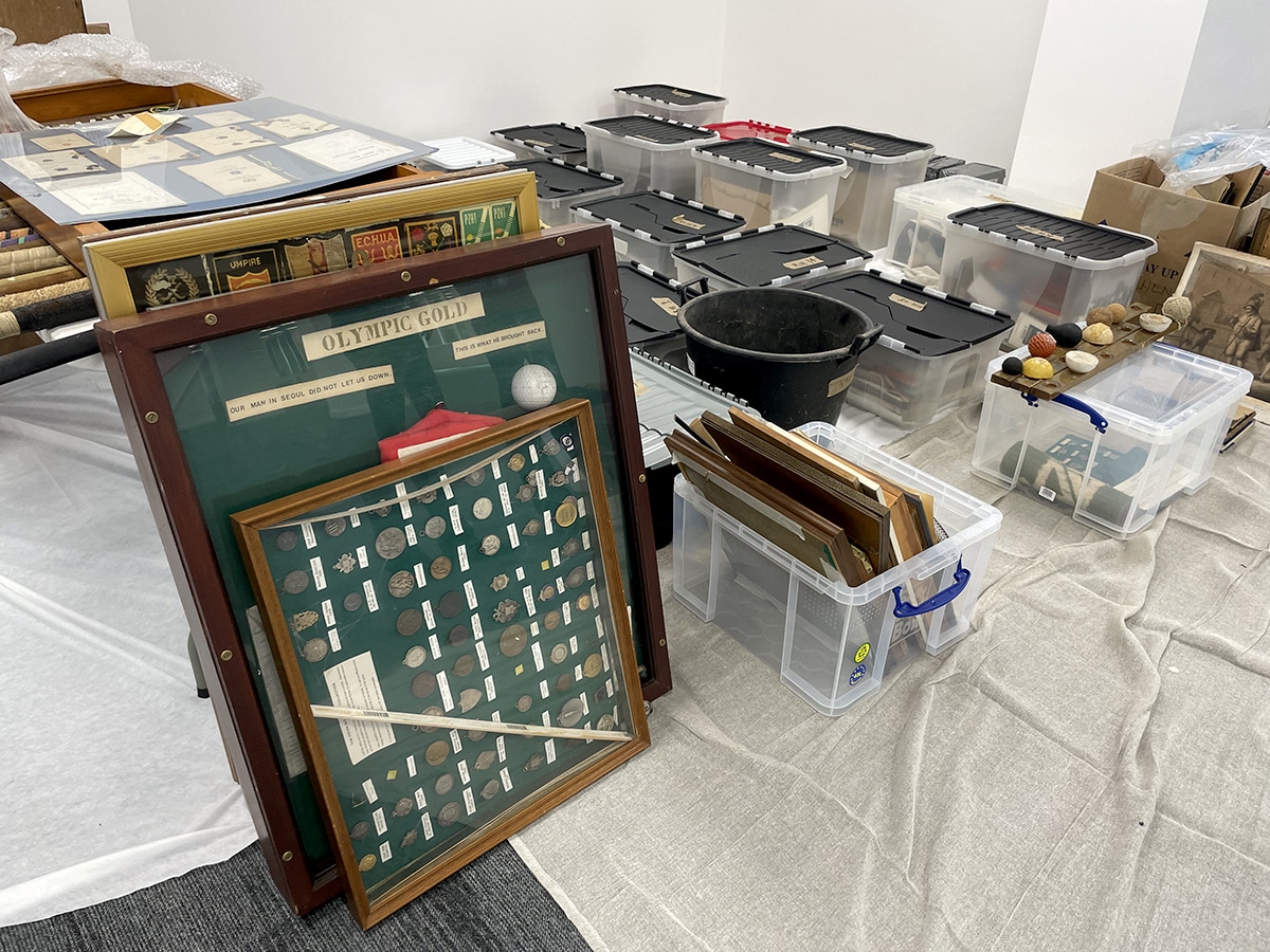 An image of frames and parts of the Ken Howells collection at The Hockey Museum