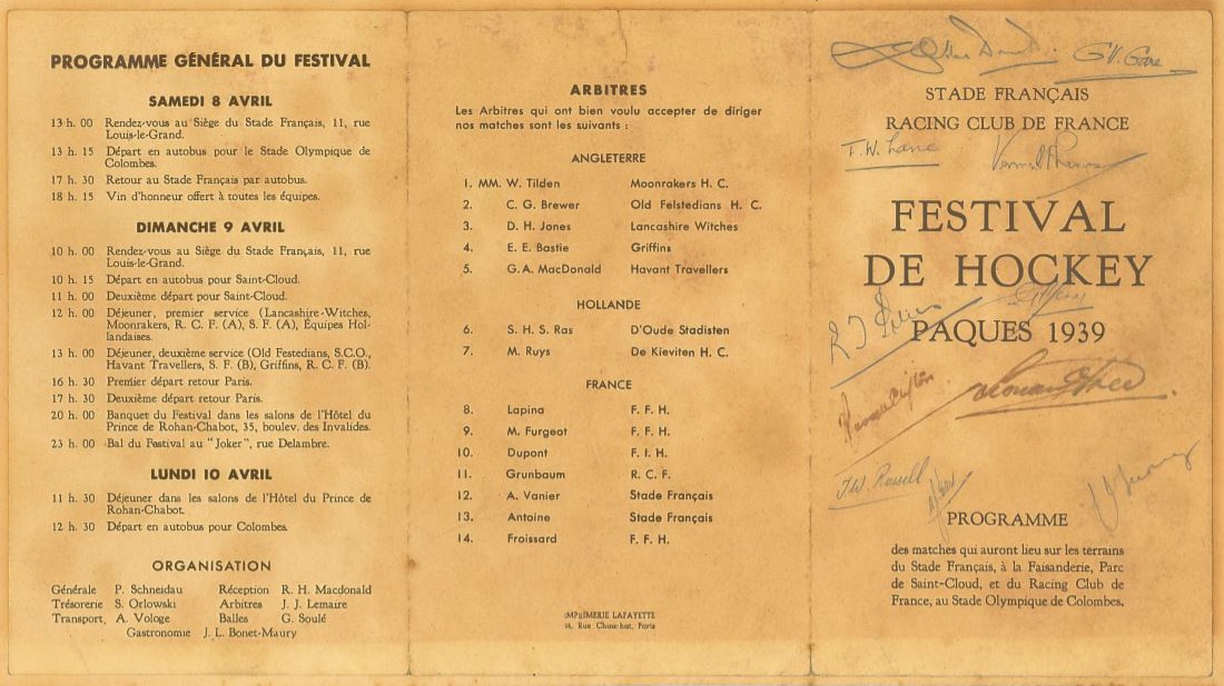 A signed programme/card from the Paris Hockey Festival 1939