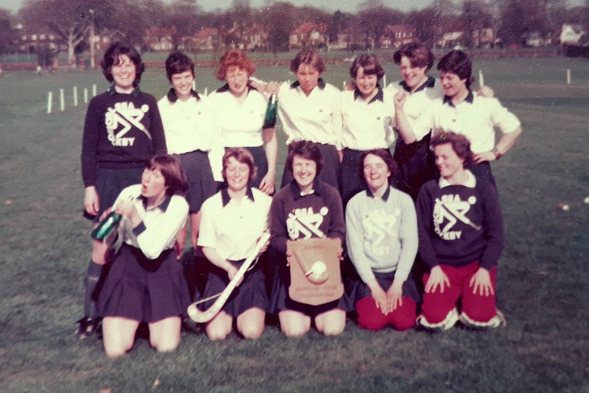 A colour image of a women's hockey team showing the inaugural winners of the first ever AEWHA National Club Championships, 1978: Chelsea CPE. Photograph courtesy of Ruth Hine.