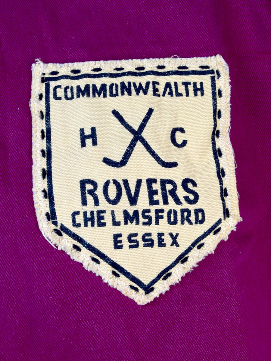 A close up image of the detail of the jerseys cloth badge, reading Commonwealth Rovers HC, Chelmsford Essex