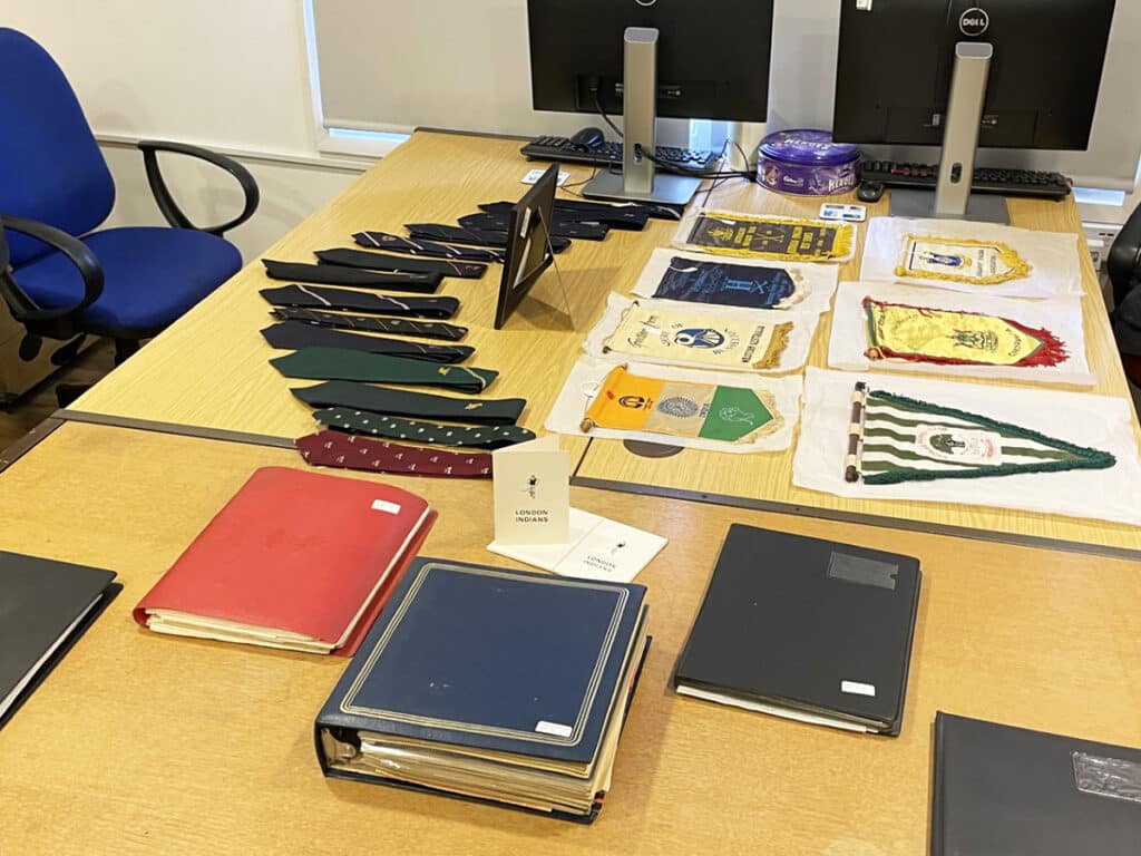 An array of material from The Hockey Museum relating to the London Indians, including ties, books, pennants and more.