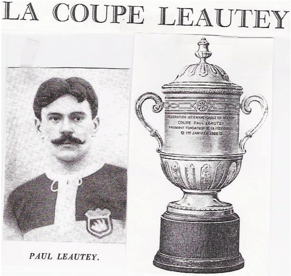 A black and white sketched image of Paul Leautey and a trophy