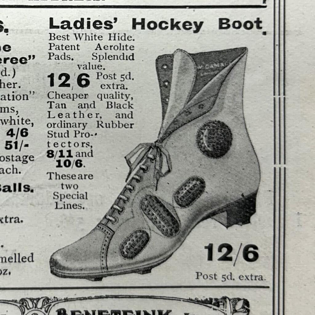 A black and white advert with an illustration of a Ladies' hockey boot and the price.