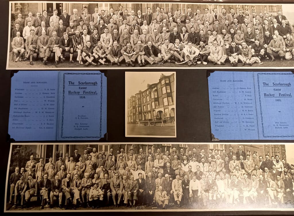 A collage of Scarborough Easter Festival attendees and fixture cards for 1934 and 1935. 