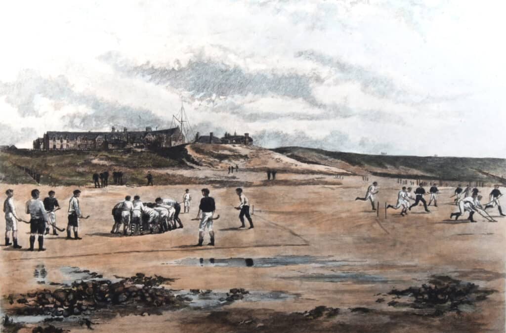 A print of a painting of hockey being played on a beach