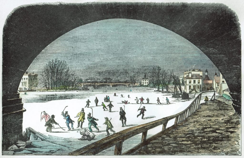 An artist depiction of people skating and playing hockey on the frozen River Thames. The scene is viewed from the path under a large stone bridge looking out onto the river. The dark arch of the bridge frames the top and sides of the image.