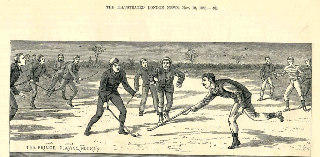 A hand drawn picture of men playing hockey