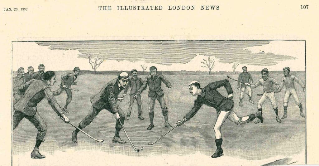 A hand drawn image of men playing hockey