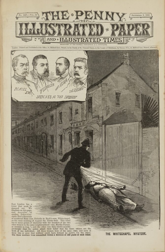 A black and white illustrated paper depicting the discovery of the body of the first canonical Ripper victim