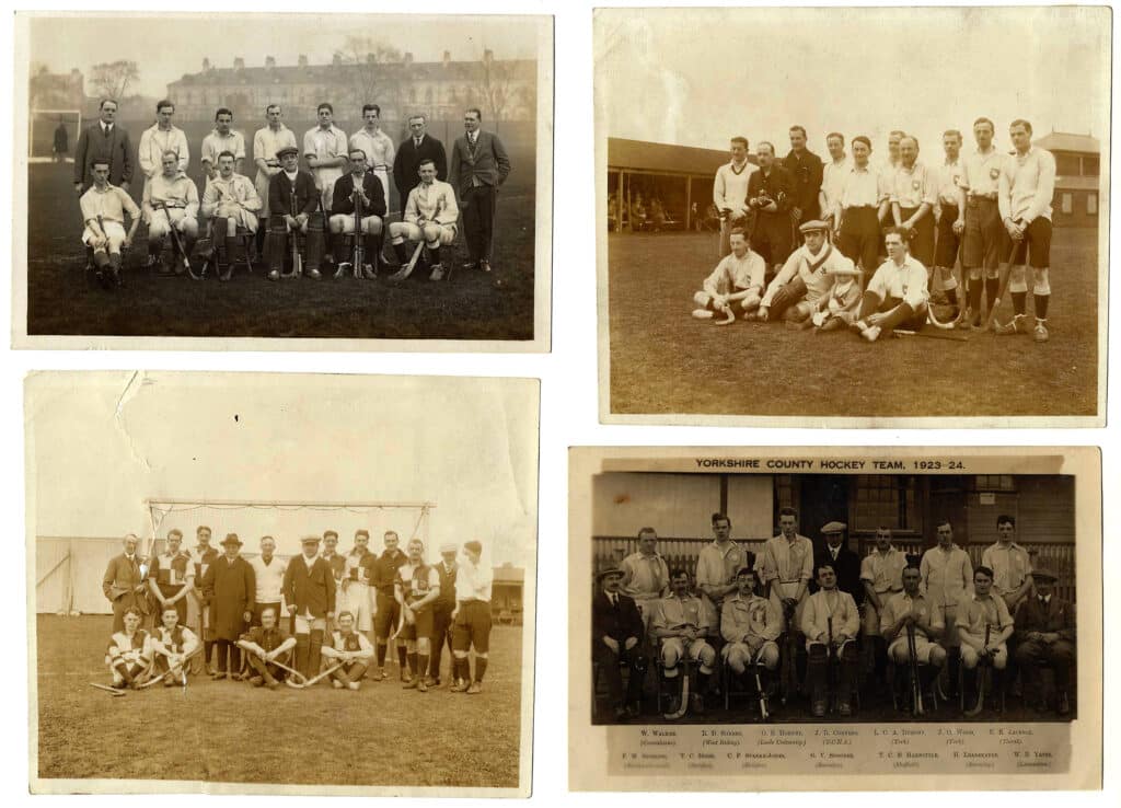 A series of four black and white photographs, each featuring a men's hockey team looking at the camera.