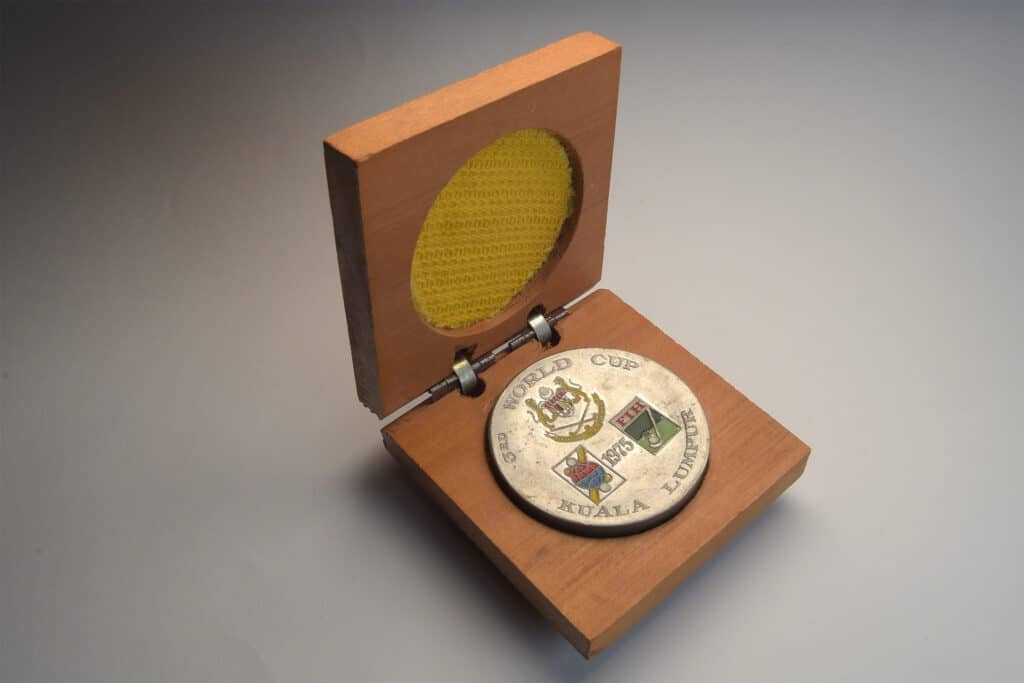 A colour image of a silver-coloured medal in a wooden box.