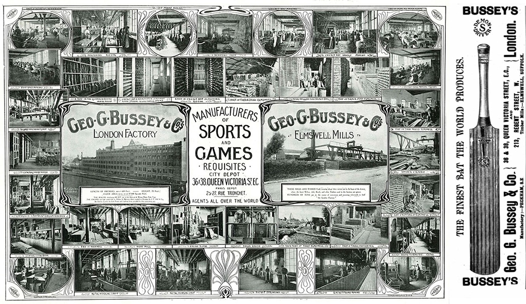Vintage black-and-white advertisement for Geo. G. Bussey & Co., featuring multiple images of factory interiors, workers, and machinery, with the company name "GEO-G-BUSSEY & LONDON FACTORY" and "SPORTS GAMES REQUISITES" prominently displayed. Includes the address "36-38 QUEEN VICTORIA ST., E.C." and "25-27 RUE TRONCHET, PARIS DEPOT," alongside a cricket bat and text promoting "THE FINEST BAT IN THE WORLD" and "BUSSEY'S LONDON FACTORY."