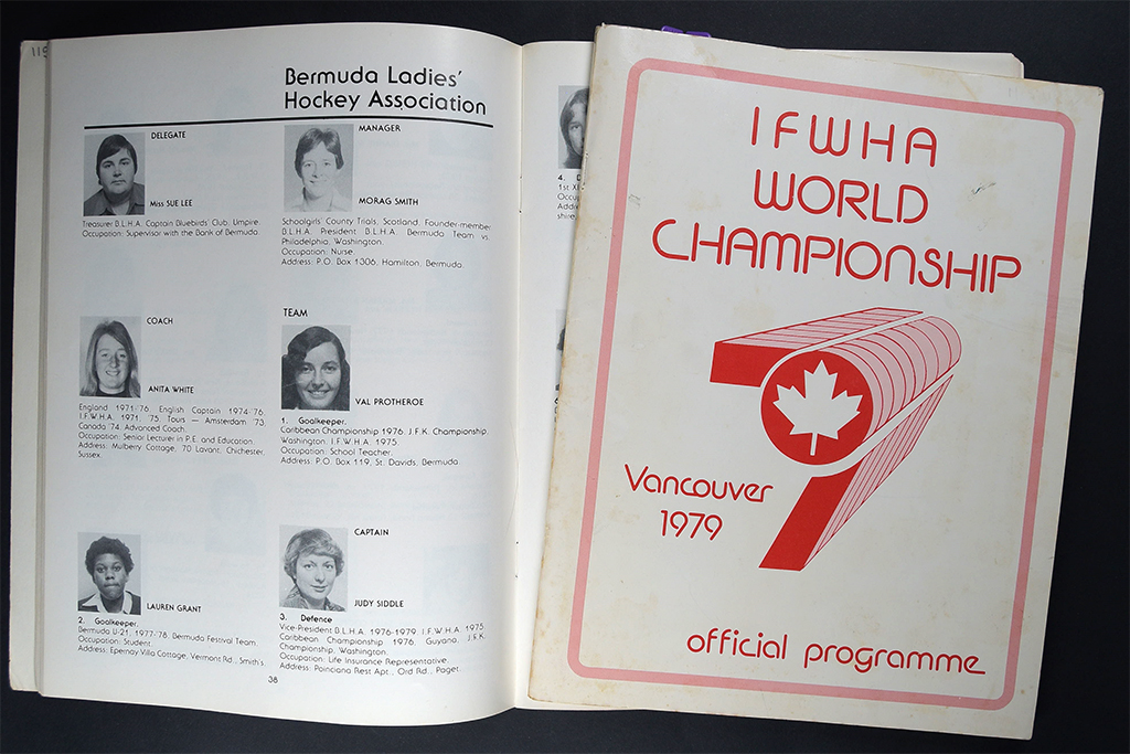 Two programme booklets, one open. The cover is white and features a pink border and red text. Inside, the left page displays black-and-white photographs of six individuals, arranged in two columns with text beneath each, against a plain background.