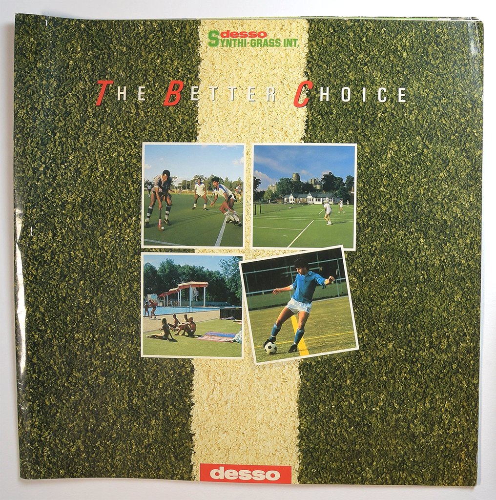 Colourful brochure with synthetic grass texture, featuring sports and leisure photos. Bold "The Better Choice" text. Vibrant, inviting, and informative feel.