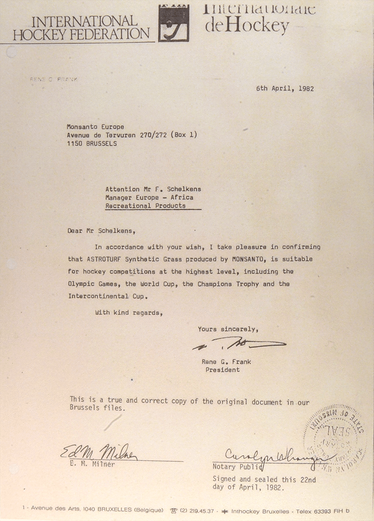 Letter from the International Hockey Federation, typed on beige paper, signed, with notary seal. Formal, historical, and authoritative feel.