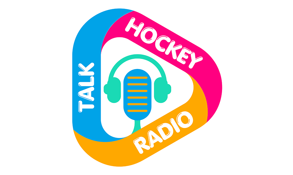 Colorful triangular logo with "TALK HOCKEY RADIO" text and microphone icon. White background. Evokes energy, excitement, and sporty enthusiasm.