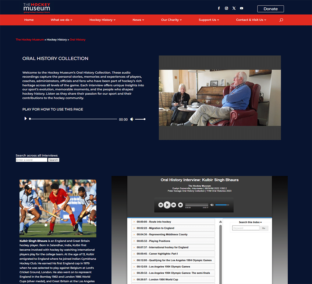 View of a webpage with white text on a navy blue background. The top half has an introduction with an audio player and a photograph of somebody being interviewed. The bottom half shows a media player and a photograph of a man playing hockey.