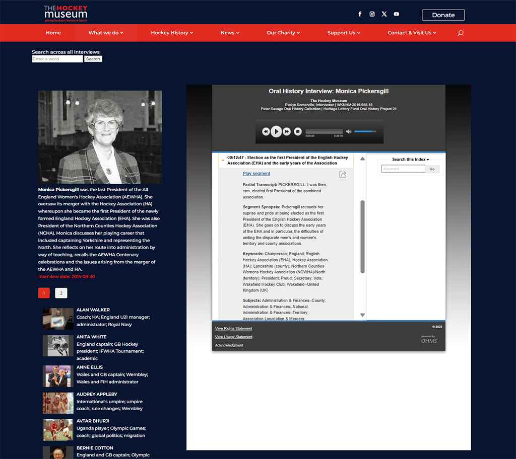 View of a webpage with white text on a navy blue background. The page is split into two columns. In the left-hand column is photograph of an elderly women in glasses above a line of thumbnail images. The right-hand column features a media player with details of an audio file.