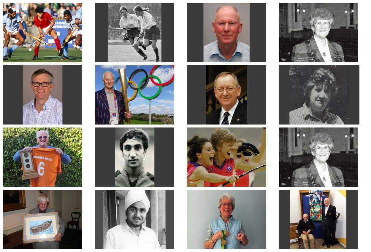 Grid of 16 photographs of men and women of varying ages and and ethnicities
