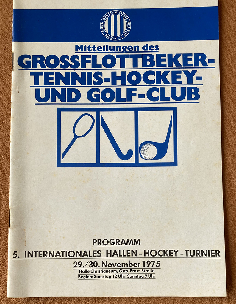 White and blue tournament programme. Central logo of a tennis racquet, hockey stick and golf club.