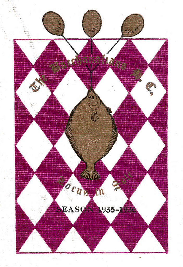 Logo of a brown plaice (fish) over a background of white and purple diamonds