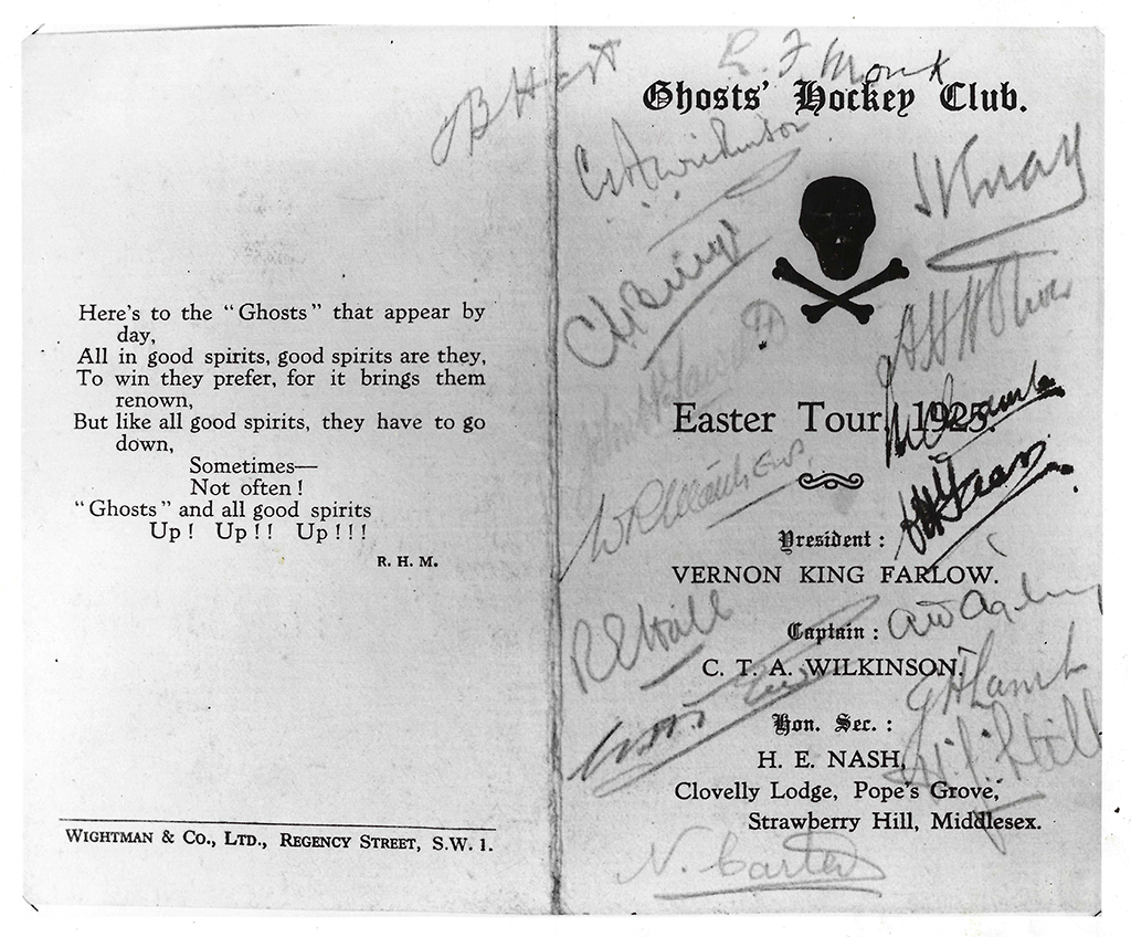 Front and back covers of a programme for a hockey tour with numerous signatures across it. The front cover has a skull and crossbones.