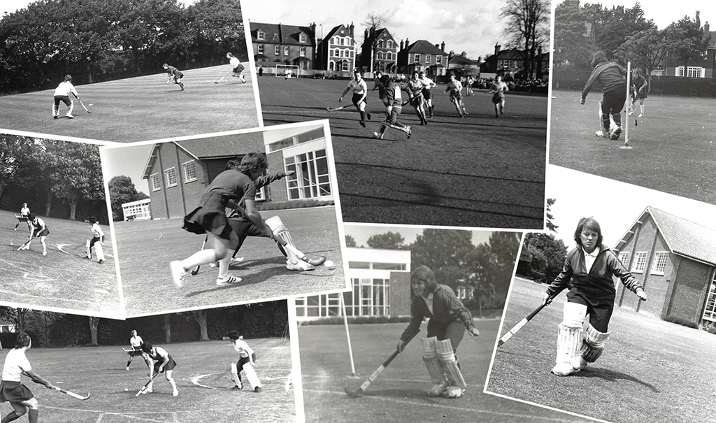 A collage composition of eight photographs showing female hockey players in match and training situations.