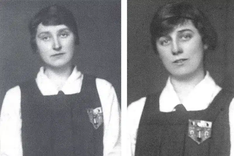 Portrait photographs of two young, female hockey players with short, dark hair.