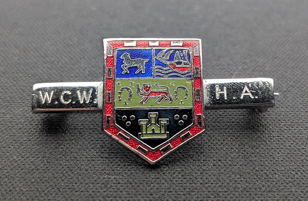 A silver brooch with a blue, green and black shield with red edging set against a silver bar. The iconography includes a horse, a sail boat, a lion holding a sword and a castle.