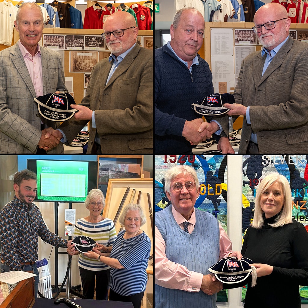 Collage of four photographs of people being presented with caps.