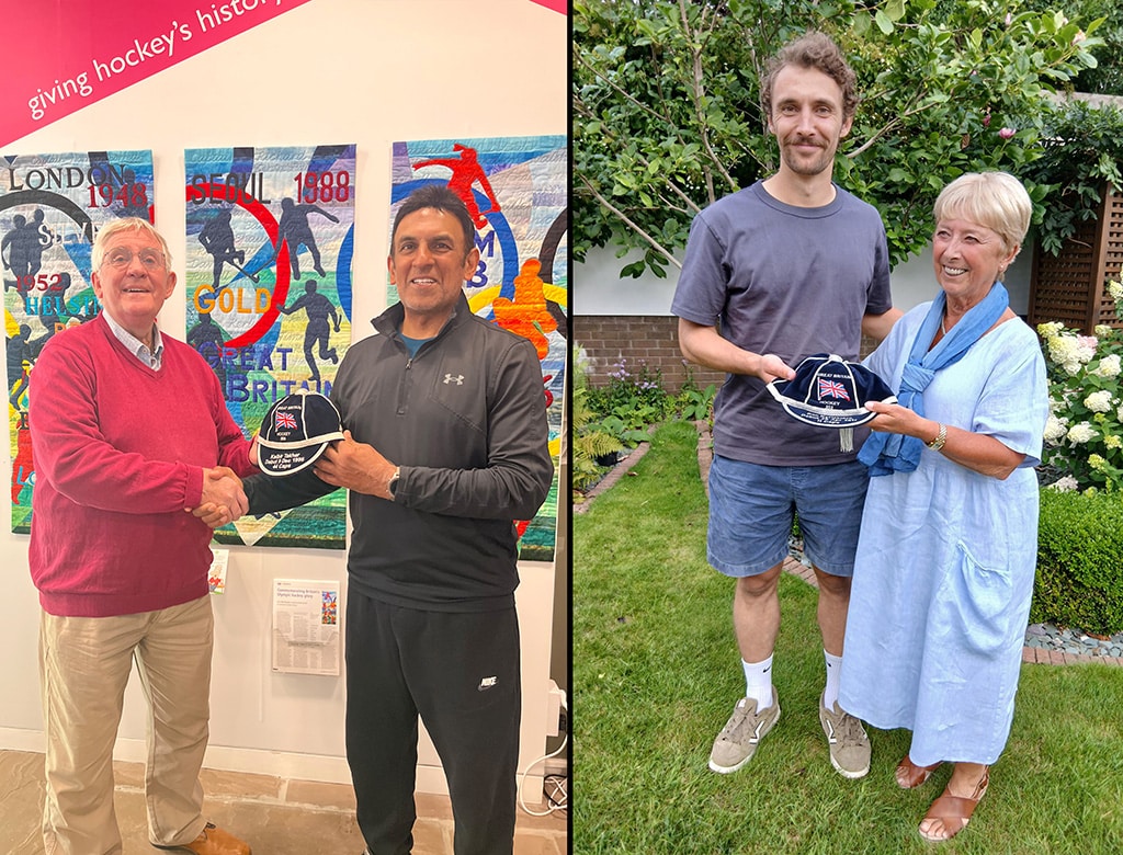 Two photographs of men being presented with caps.