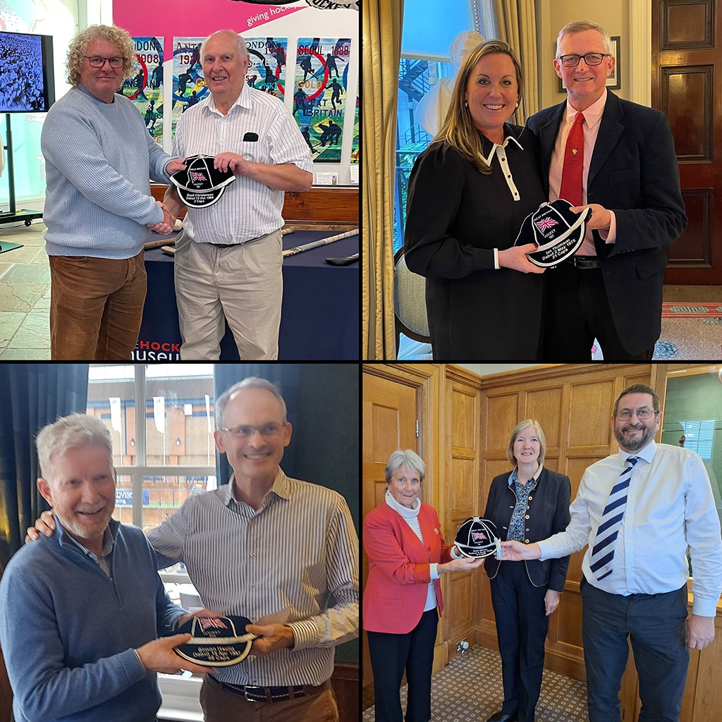 Collage of four photographs of people being presented with caps.