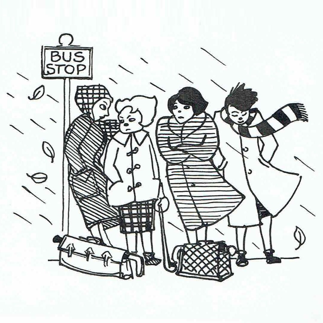 Cartoon illustration of four women with bags of hockey kit standing at a bus stop in the wind and pouring rain in oversized coats