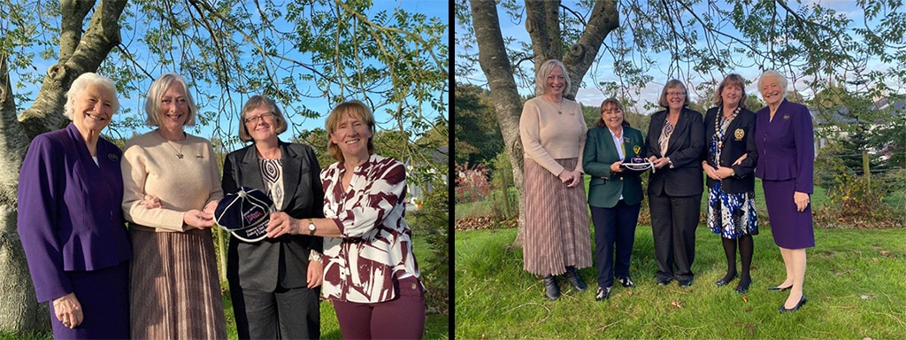 Two photographs of women being presented with caps.