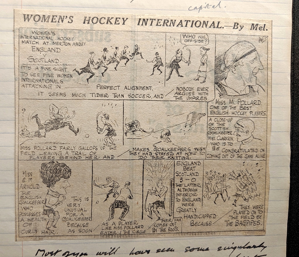 Magazine cutting of a cartoon with various caricatured women hockey players.