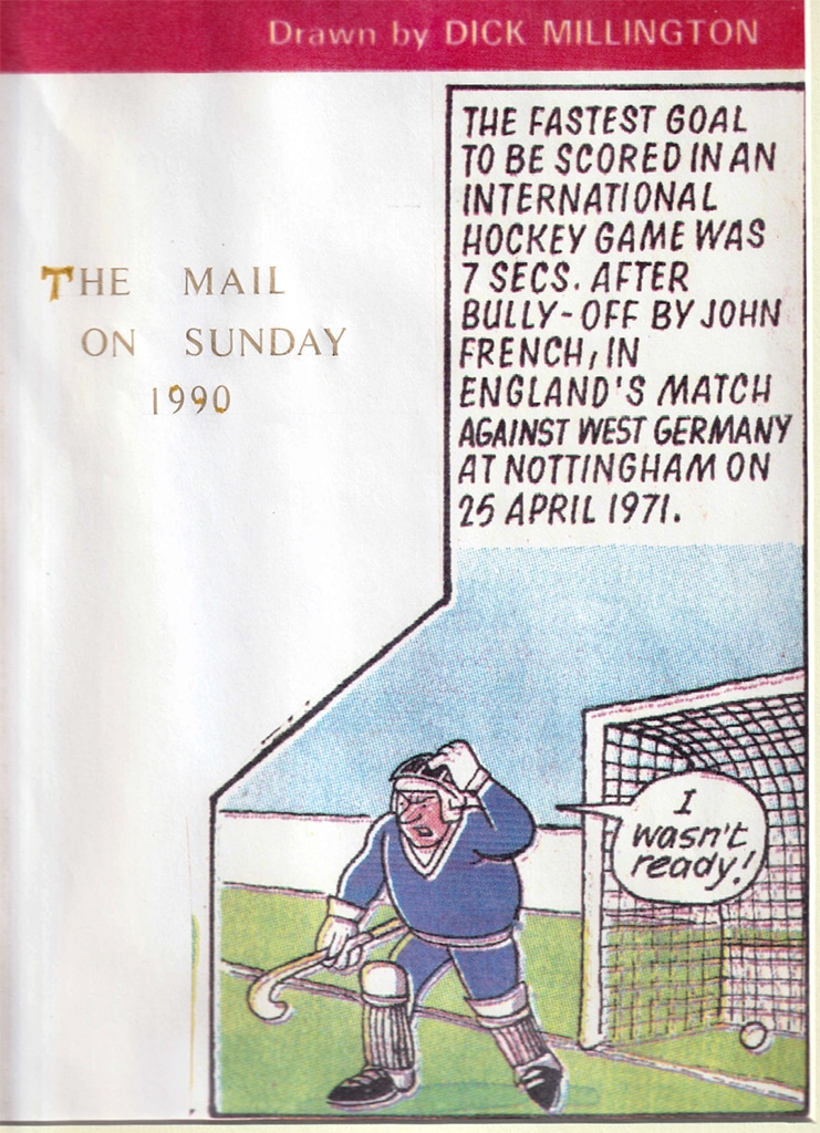 A magazine cutting featuring an angry cartoon hockey goalkeeper.