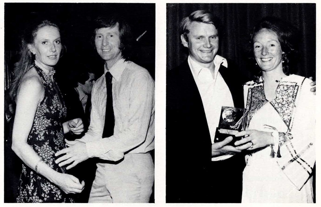 Black and white photographs of two couples wearing smart evening clothes and smiling for the camera.