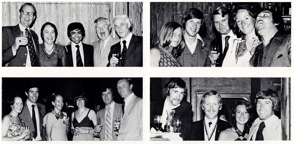 Four black and white photographs of young men and their partners celebrating and drinking.