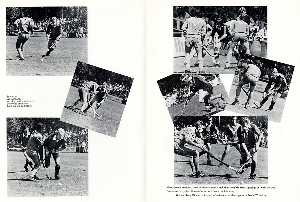 A double page spread of black and white action photographs positioned at jaunty angles.