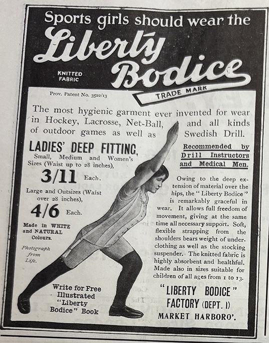 An advert featuring a woman in a long bodice doing stretching exercises.