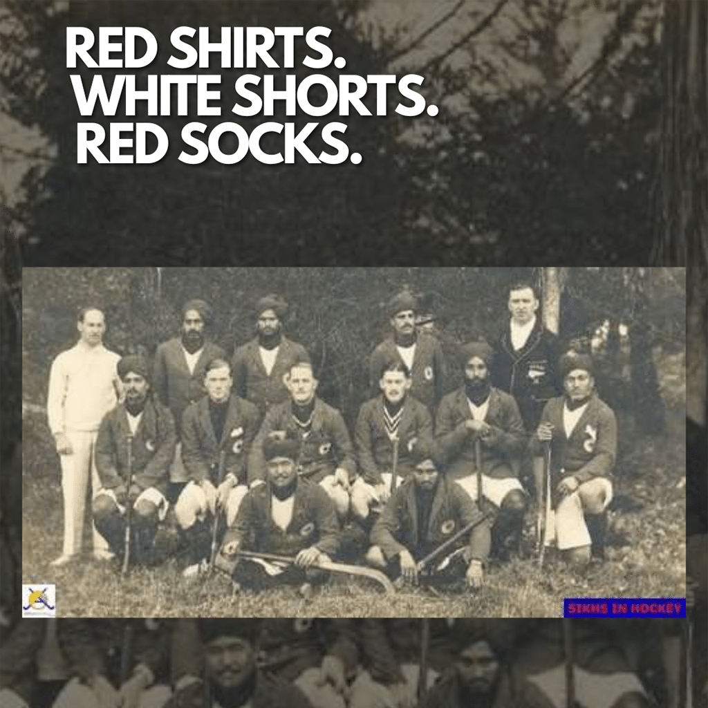 Vintage team photograph of hockey players posed outdoors with hockey sticks. They are a mix of Indian and white British ethnicities.