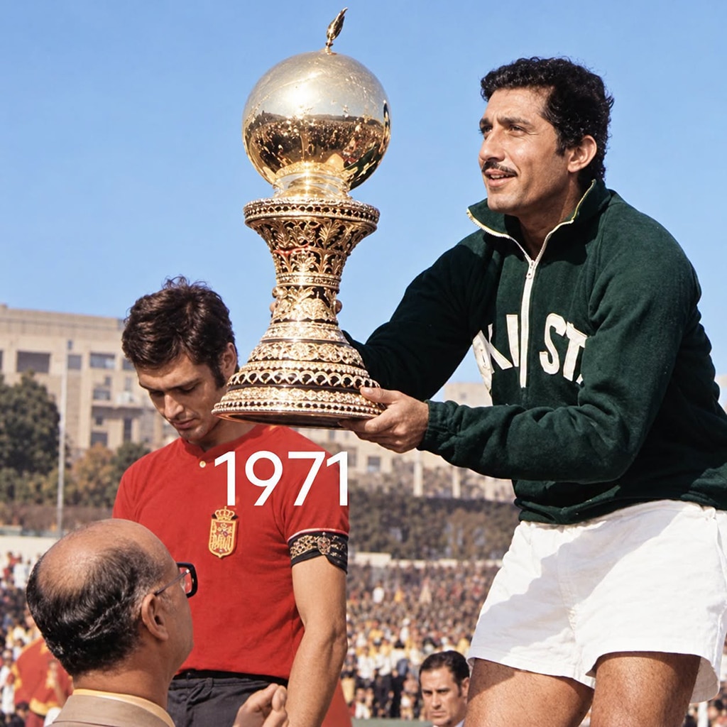 Colour photograph of a field hockey trophy presentation. A Pakistan player in a green tracksuit top and white shorts holds an ornate gold World Cup trophy with a large globe-shaped top. Another player in a red shirt stands nearby, while officials and spectators are visible in the background.