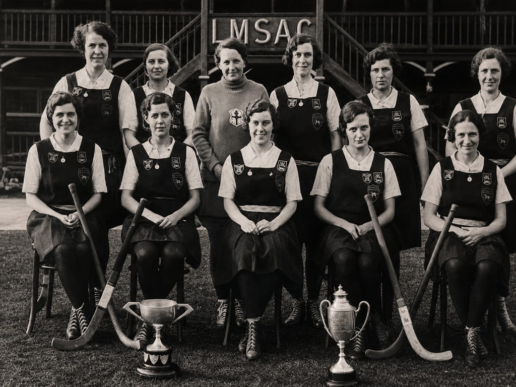 Women pose for a formal team photograph in two rows with hockey sticks and two trophies. The group is arranged in front of a sports pavilion.