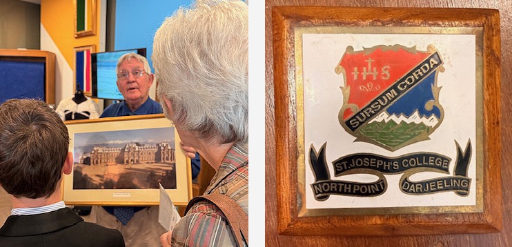 Composite image showing a person holding a framed photograph while speaking to two visitors in a museum, alongside a school crest in a wooden frame.