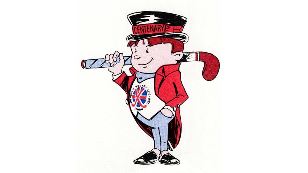 Cartoon man wearing a top red coat and tails, black top hat and holding a hockey stick over his shoulder.
