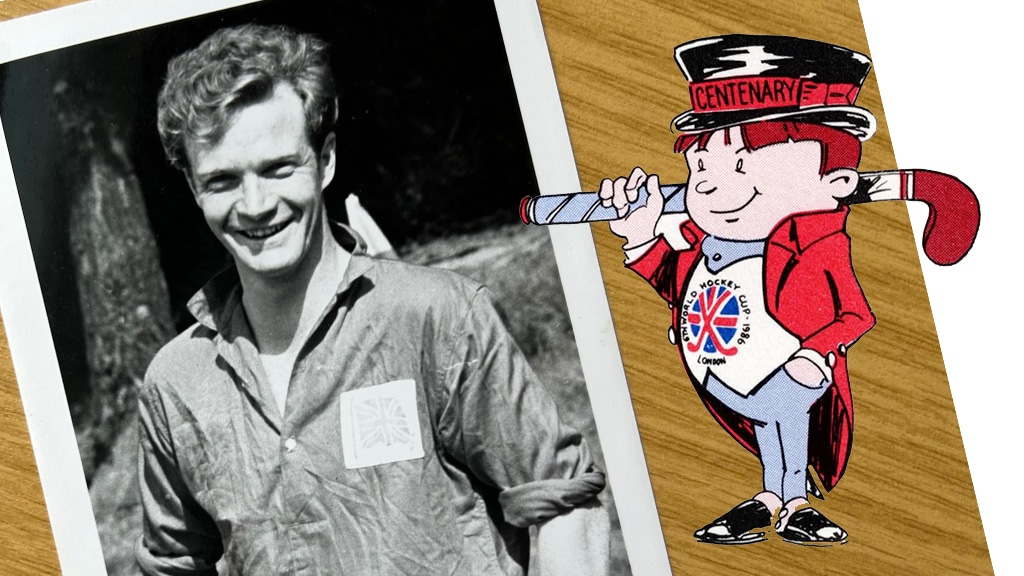 A young man with curly hair alongside a portly cartoon man in a top hat and tails.